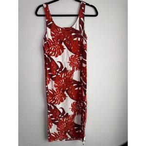 Mikoh Red White Monstera Leaf Tropical 100% Silk Midi Shift Dress Size 1